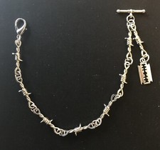 Albert watch chain barb wire razor, clasp and t-bar silver colour 4 sizes
