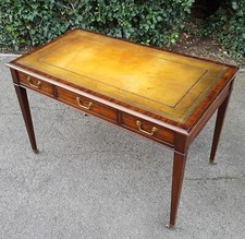 ANTIQUE MAHOGANY HIDE LEATHER TOP 3 DRAWER WRITING DESK