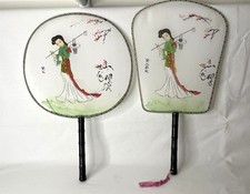 Vintage Pair of Oriental Hand Fans Bamboo Handles with Identical Printed Design