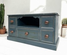 VINTAGE PAINTED BLUE / GREEN SOLID PINE LOW CHEST OF 5 DRAWERS TV STAND UNIT