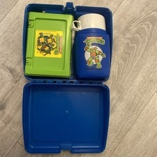 TMNT 1989 Teenage Mutant Hero Turtles Plastic Blue Lunch Box w/ Thermos Vintage 