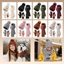 Hat Scarf and Gloves Set Ladies, Winter Beanie Hat for Women with Pom Pom Fleece