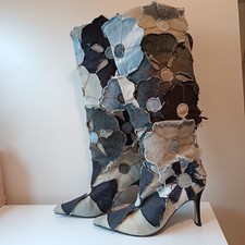 Rare Vintage Miss Sixty Denim Floral Patchwork Knee High Stilleto Boots 37 UK 4