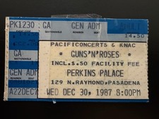 Vintage Guns N Roses  Concert Ticket Stub Perkins Palace Pasadena Dec 30, 1987