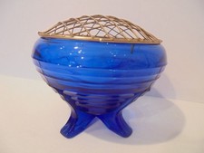 VINTAGE COBALT BLUE GLASS VASE / POSY BOWL - HEIGHT 4"