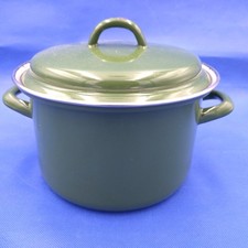 Small Enamel Stock Cooking Pot Green + White with Lid 2 Handles 5" High x 8" Dia