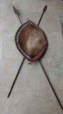 Vintage African Hide Shield with Two Handcrafted Spears