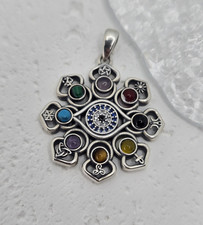 Hecate Lotus Evil Eye Pentagram 925 Sterling Silver Pendant Wiccan Multi-Gem
