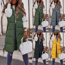 WOMENS LADIES LONG ZIP UP HOODED PUFFER GILET JACKET PADDED VEST TOP BODY WARMER