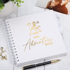 Our Adventures White Scrapbook, Guest Book Or Photo album With Gold Script