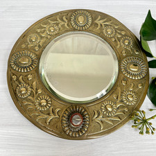 Antique Victorian Decorative Brass Aesthetic Movement Round Bevelled Wall Mirror