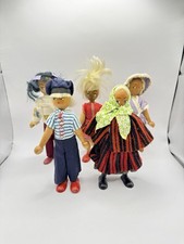 5x Vintage Polish Jointed Wooden Peg Dolls In Original Clothing 7"