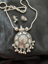 Long Chain Necklace Pendant Earring Silver Oxidised Set Tribal Ethnic Jewellery