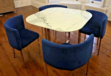 Compact glass marble effect stowaway dining table 4 blue velvet chairs RRP £369
