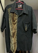 DNT Clothing Rockabilly Leopard Animal Print Black Bowling Shirt Large Punk Rock