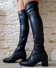 Womens Over The Knee Boots Block Heel Long Black Faux Leather Thigh High Shoes