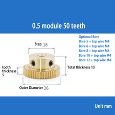 Mod 0.5 Brass Pinion Gear Spur