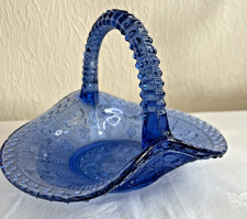Vintage Blue Pressed Glass Basket Grapevine Pattern 13cm Tall Depression Style