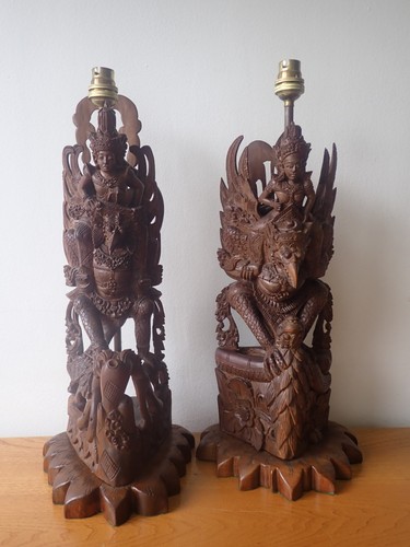 Pair carved wood lamps - of,