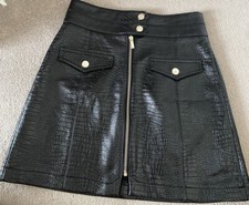 Ladies Topshop PVC Leather Look Button Up Zip Up Black Short Skirt Size 10