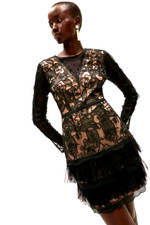 COAST BLACK NUDE TULLE RUFFLE HEM EMBROIDERED LACE 20'S FLAPPER DRESS 12 BNWT