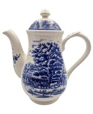 Vintage Blue Coffee Tea Pot Currier And Ives Cidermaking Heritage Mint Churchill