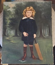 Vintage Oil On Canvas Boy With Cricket Bat And Ball