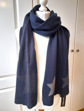 ALICE HANNAH Large Silver Star Navy Blue Soft Wool Mix Scarf RRP £34.99 BNWT