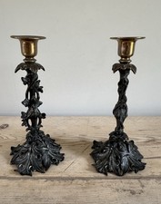 Pair of Brass Candlestick Holder Antique Vintage Ivy Detail Gothic Arts & Crafts