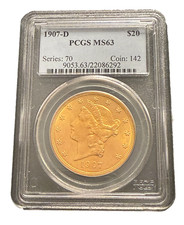 US 1907D Gold $20 20 Dollars PCGS MS63 Double Eagle Liberty Head