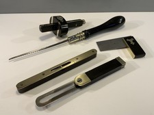 5 VINTAGE EBONY & BRASS CARPRNTERS TOOLS : TRY SQUARE /BEVEL & MARKING GAUGE ETC
