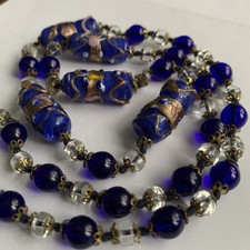 ANTIQUE  ART DECO GLASS BEAD WEDDING CAKE NECKLACE 24” Blue