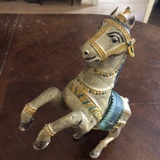 Antique Wooden Hand Carved & Painted  Rajasthan India Marwari Horse Statue 31cm 
