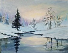 Oil painting on canvas, hand-painted, colorful beautiful winter landscape