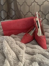 Jacques Vert Faux Suede Red Rose Heels Size 4 And Matching Bag