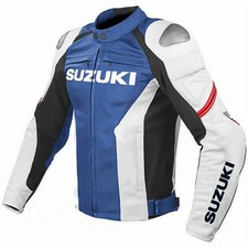 Blue GSXR Mens Suzuki Leather Biker Jacket, Motorcycle Armor Padded Road Gear
