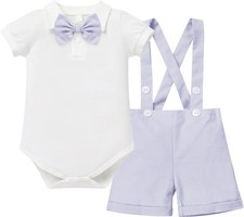 Baby Boys Christening Outfit Tuxedo Gentleman Bowtie Romper + Suspenders Strap 