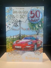 50TH SON IN LAW BIRTHDAY CARD WITH BADGE (9" X 6") VERSE CUTE MODERN CAR AGE 50