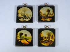 4x Vintage Jodocus De Momper The Four Seasons Miniature Wooden Prints 4x4cm