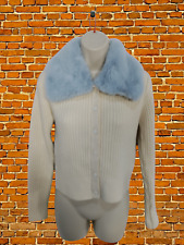 WOMENS ZARA UK MEDIUM CREAM KNITTED WOOL CARDIGAN FAUX FUR TRIM JUMPER SWEATER