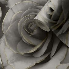 Floral Bloom Wallpaper Roses Black Grey Flowers Gold Glitter Shimmer Feature