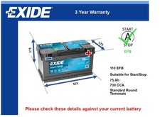 EFB Battery fits FORD FOCUS 2004 on Stop Start Exide 110 EFB 730A 75Ah Quality