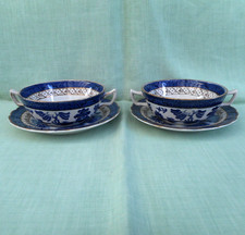 2 Booths Real Old Willow handled soup bowls & saucers - 12 cm (4.7") di'r
