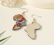 Wooden African Map Boho Dangle Earrings | Vintage Ethnic Jewelry