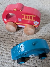 2 Wood Push Along Cars. Fire Engine Is From Argos &  Elephant Blue Car J'adore.