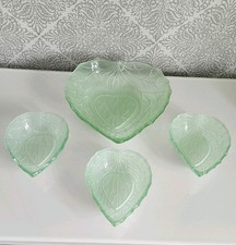 A Set Of 4 Bagley Art Deco  Frosted Depression Green Glass Leaf Fruit Bowls