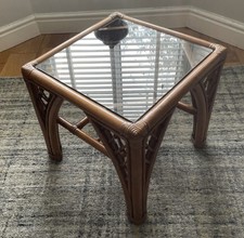 Vintage 2 Tier Glass Side Table - Bamboo Rattan Wicker Cane - Boho? Tiki? Retro