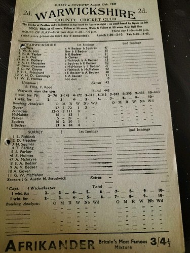 Vintage scorecard warwickshire - scorecard,