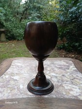ANTIQUE TREEN COCONUT CUP ON TURNED MAHOGANY BASE, LOVELY EXAMPLE