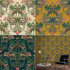 Grandeco Animal Kingdom Wallpaper Tropical Exotic Palm Tree Leaves Flower Safari